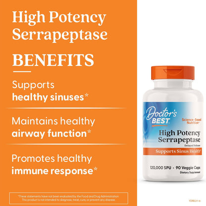 Doctor's Best High Potency Serrapeptase, 120,000 SPU, 90 Veggie Caps